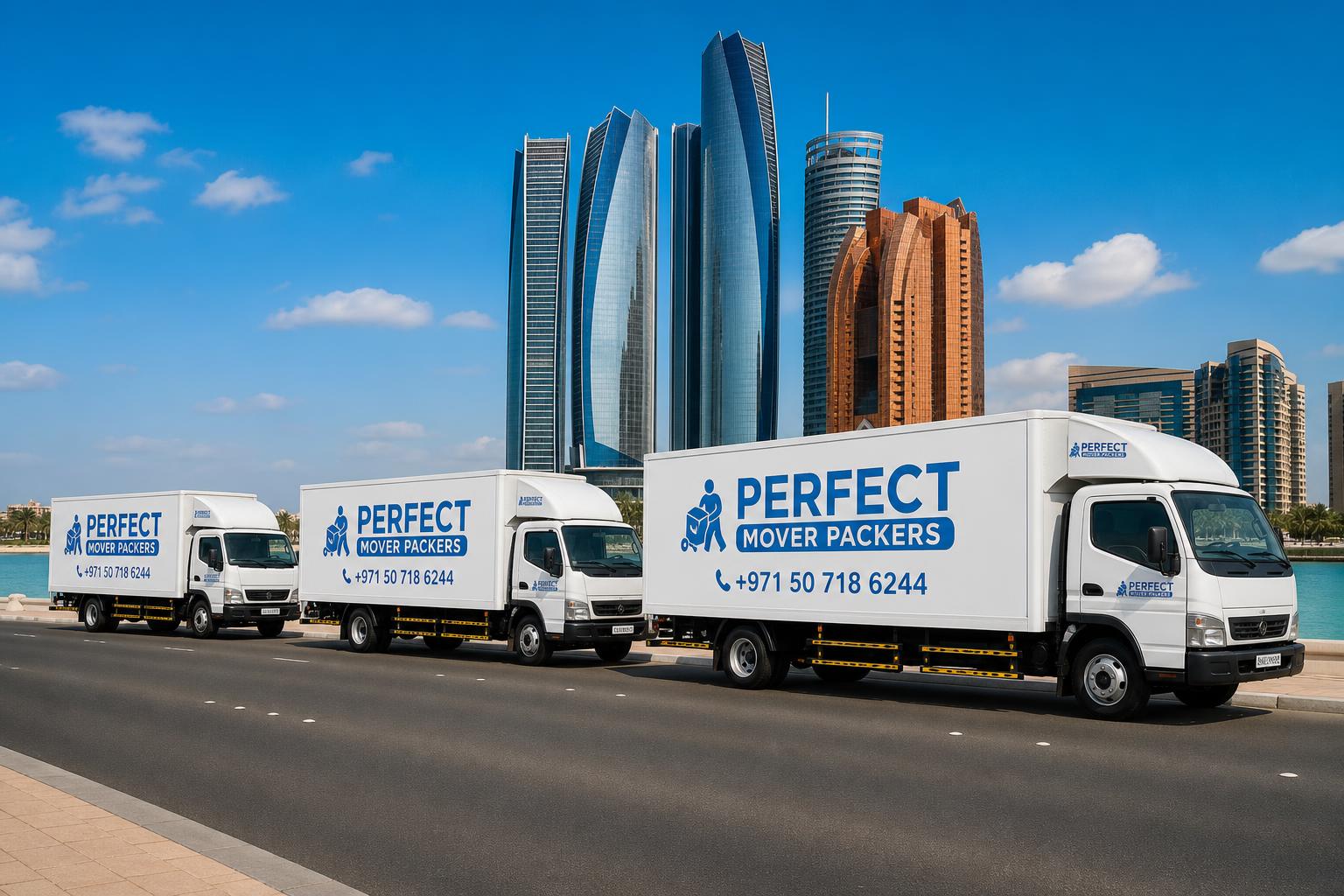 Perfect Mover Packers fleet with Abu Dhabi skyline