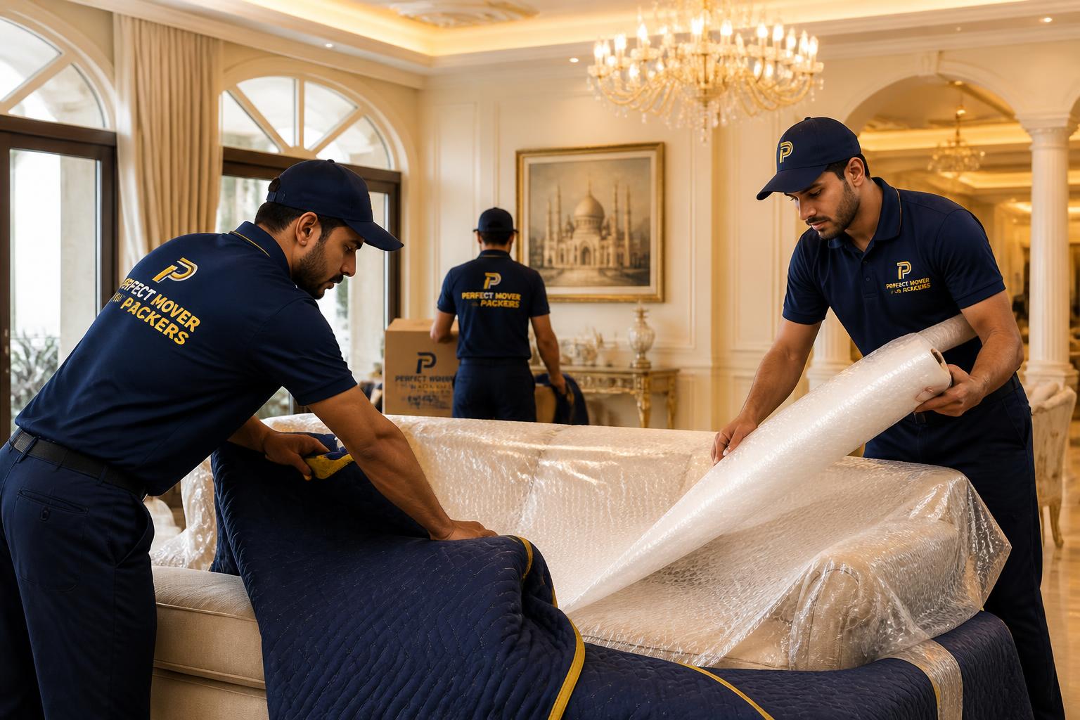 Perfect Mover Packers team wrapping a sofa in an Abu Dhabi villa
